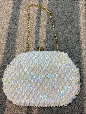 Vintage Hand Made Iridescent Pearl Beaded Evening Clutch with Gold Chain
